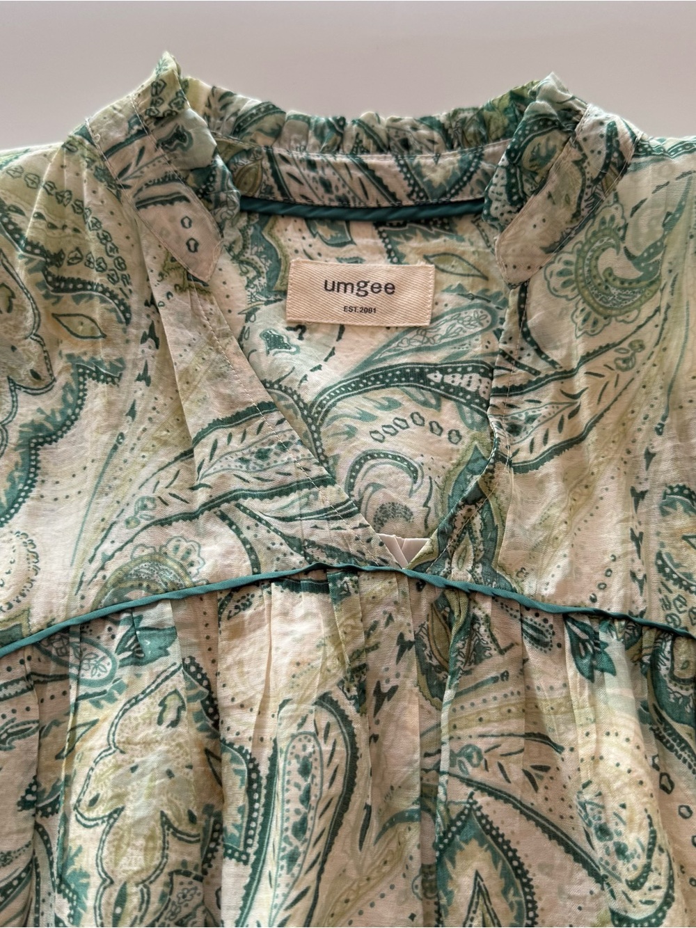 Umgee Green Ivory Paisley Peasant Blouse 3/4 Sleeve Boho Top Medium - Picture 8 of 13